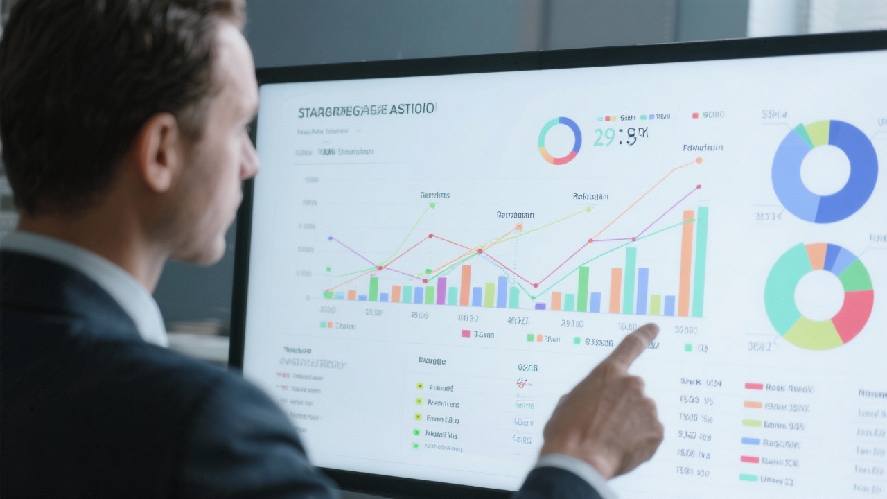 Advisor reviewing strategic asset allocation chart with multiple portfolio scenarios and risk-return tradeoff curves on high-resolution display