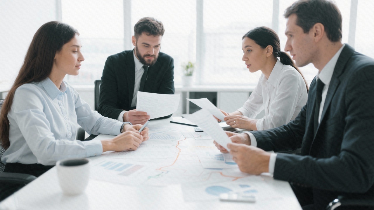 Professional finance consultants at meeting table discussing project roadmap and reviewing documents in bright office