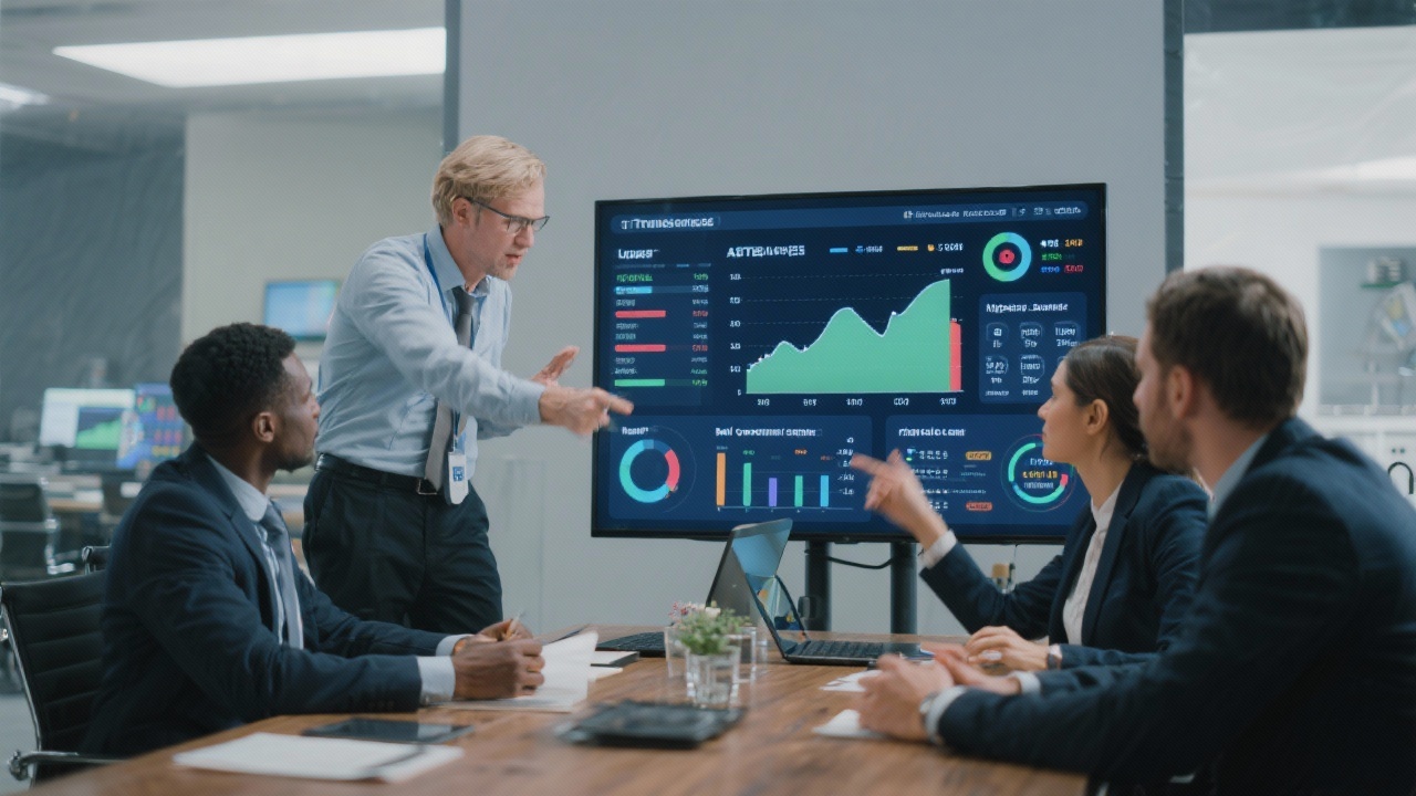 Corporate finance team analyzing treasury dashboards with liquidity projections and bank covenant compliance indicators in meeting room
