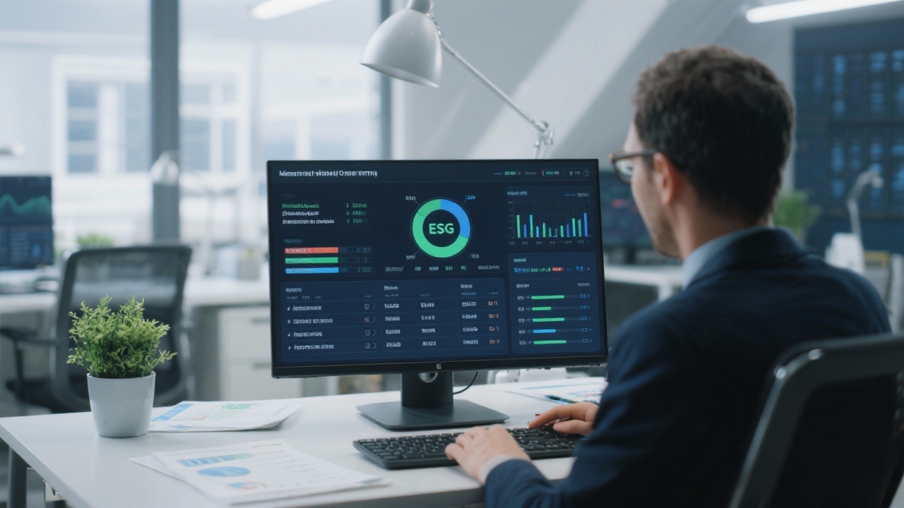 Financial consultant analyzing sustainable investment dashboard with ESG metrics and regulatory compliance checklists in modern office