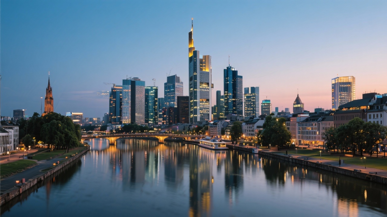 Panoramic view of Frankfurt skyline at dusk highlighting financial district towers and river Main reflecting city lights symbolizing financial expertise