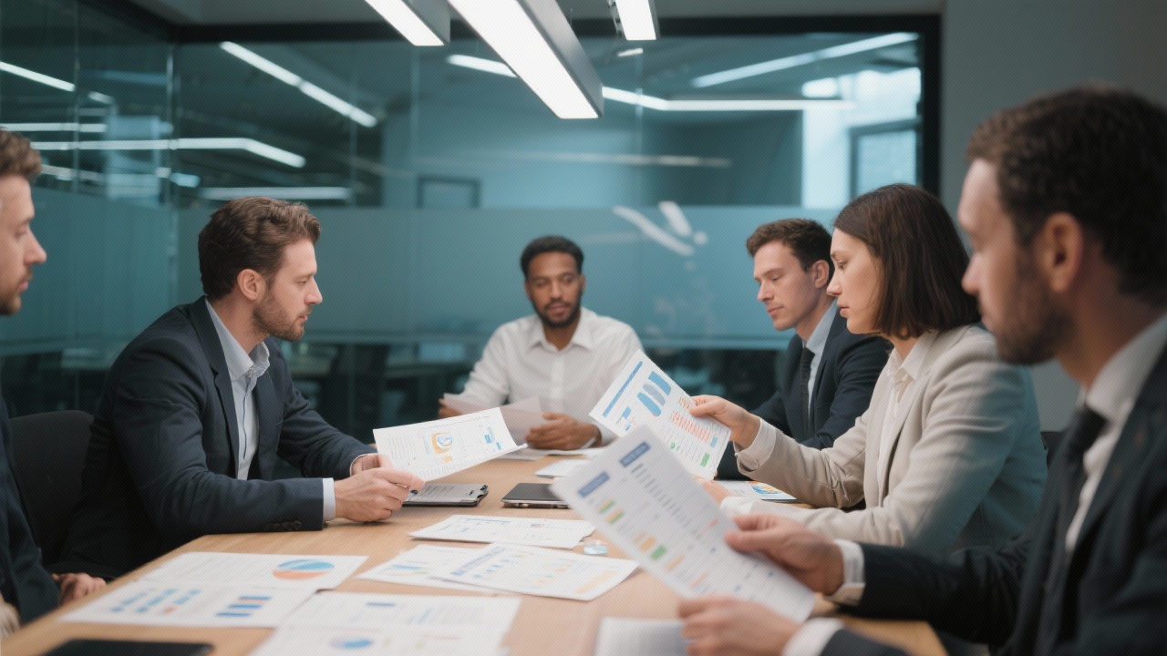 Advisory workshop with professionals around table reviewing printed financial models and governance checklists under modern office lighting